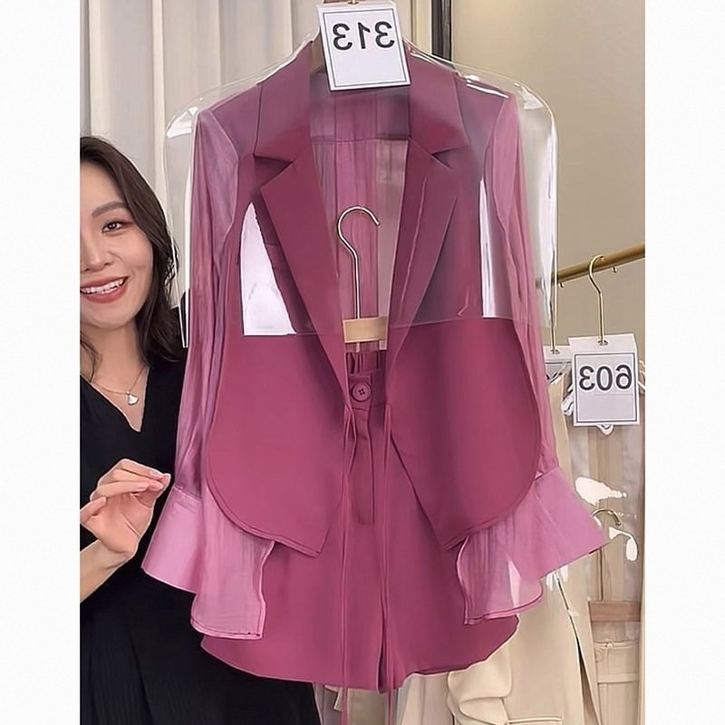 单件/套装夏季西服+短裤女2025新款高级感荷叶边休闲薄款防晒上衣