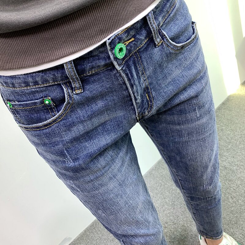 潮牌牛仔裤男春夏高端潮流韩版弹力百搭J休闲九分裤蓝色修身小脚