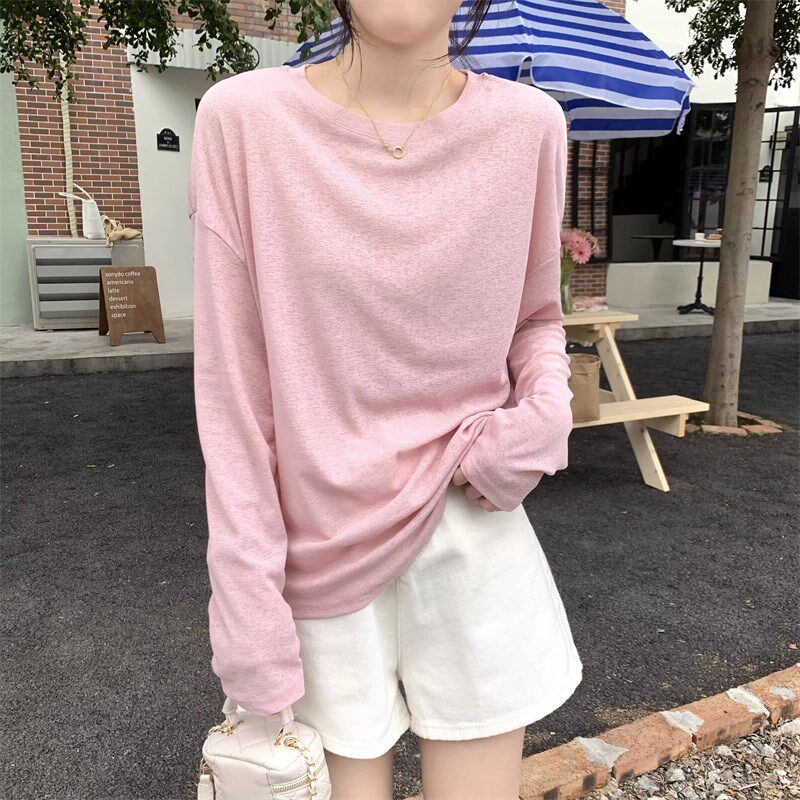 冰丝防晒衫女夏季薄款纯q色宽松显瘦休闲圆领空调罩衫长袖面膜T恤