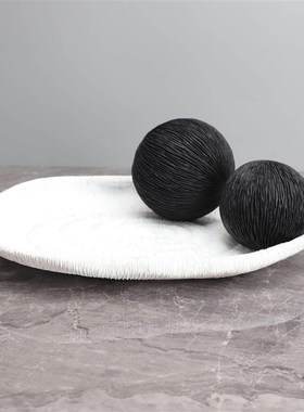 现代简约黑色肌理托盘珊瑚球摆件样板间家居客厅茶几桌面软装饰品