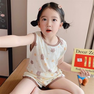 韩国女童夏季纯棉薄款蕾丝套装z女宝宝高级家居服男童背心短裤睡