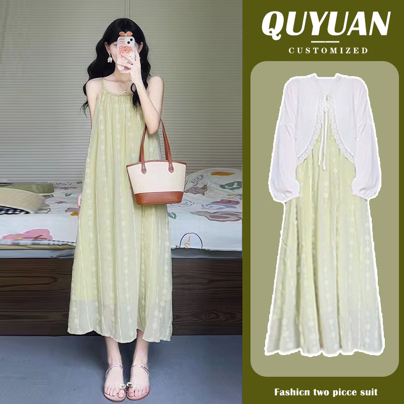 孕妇夏装连衣裙2023新款雪纺防晒开衫吊带裙子春夏季孕妇装两件套