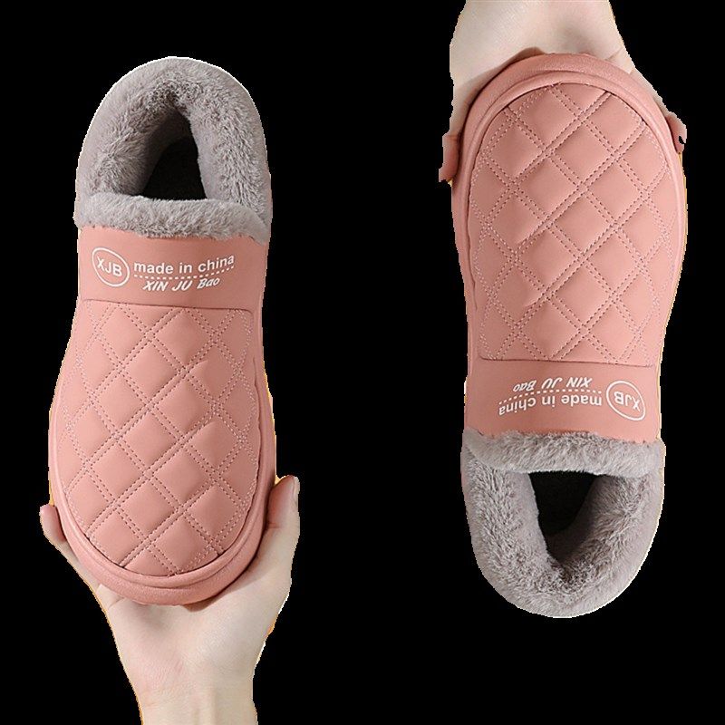 棉拖鞋女冬季男士厚底带后跟高包跟皮面防水防滑老人加绒室内棉鞋