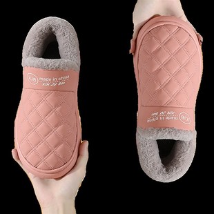 棉拖鞋女冬季男士厚底带后跟高包跟皮面防水防滑老人加绒室内棉鞋