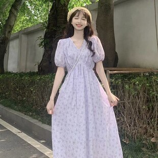 哺乳连衣裙2023夏季新款简约淑女V领绑L带碎花小清新喂奶衣服夏天