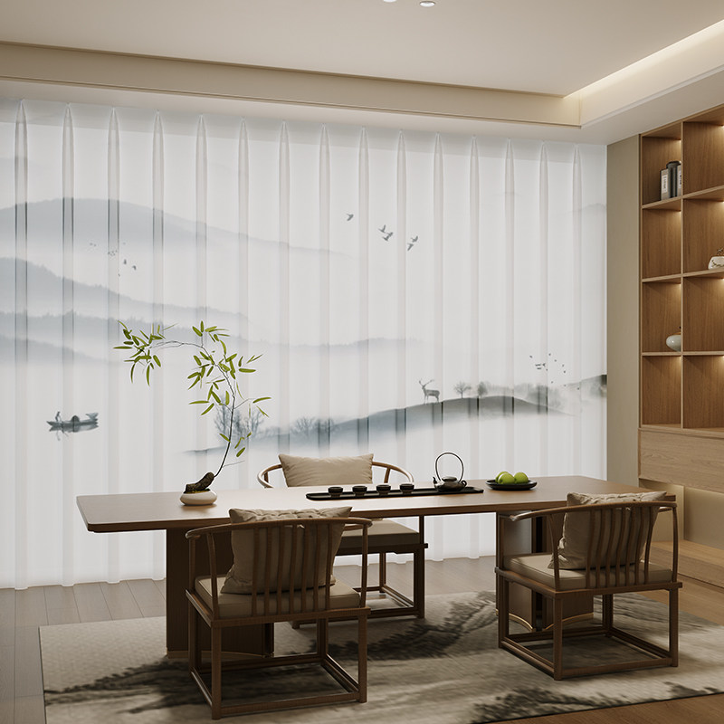 新中式纱帘透光不透人2023新款b客厅茶室纱风柯帘绍兴古桥窗帘定