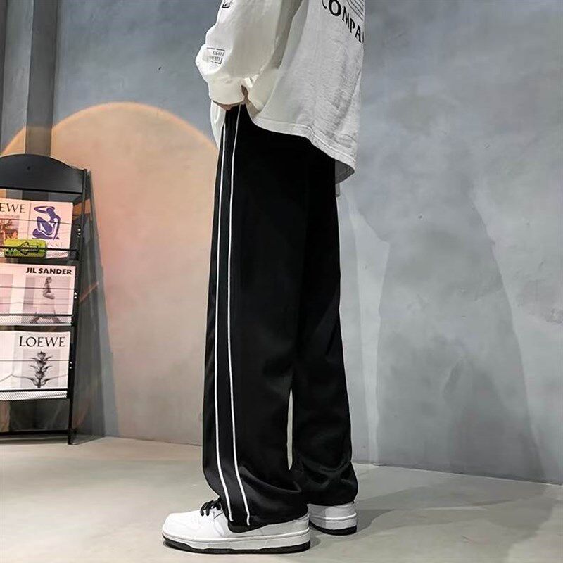 拼色设计阔腿休闲运动裤男女款中腰薄款宽松直筒垂感拖地显瘦长裤