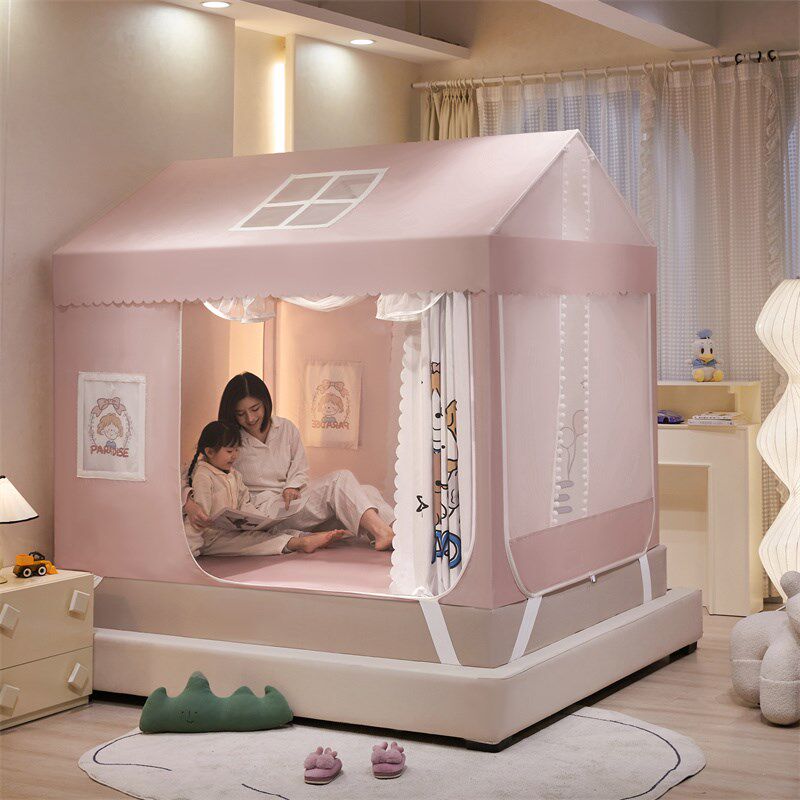 2024新款儿童家用卧室蚊帐床上帐篷防摔女孩公主床帘幔纱全底婴儿