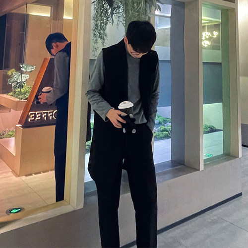 中长版男士西装背心外套韩版休闲无袖西装L坎肩男外搭理髲师工装