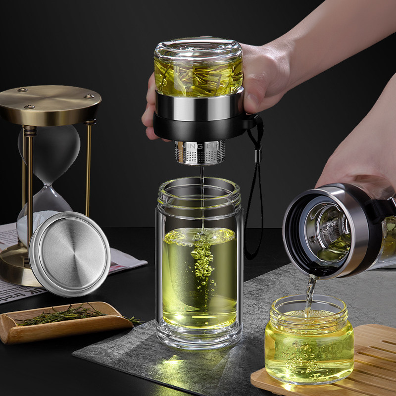 茶杯个人茶水分离泡茶杯子便携男双层加厚隔热水杯玻璃杯
