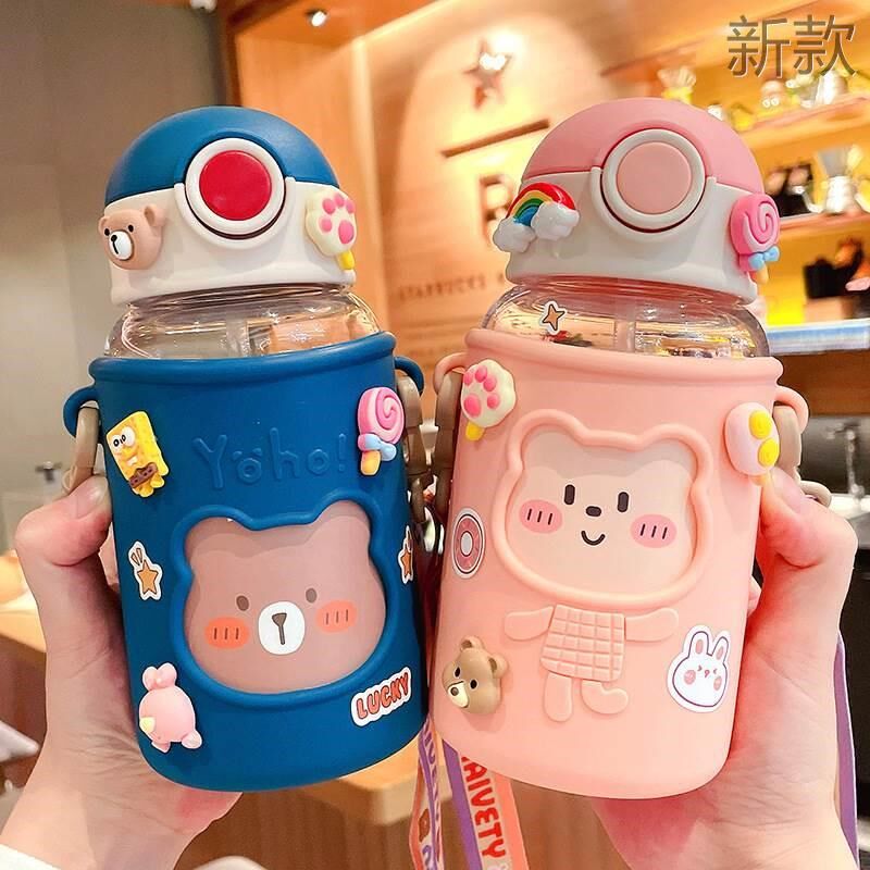 塑料杯高颜值带硅胶套可爱儿童吸管塑水杯料杯防耐摔背带卡通新款