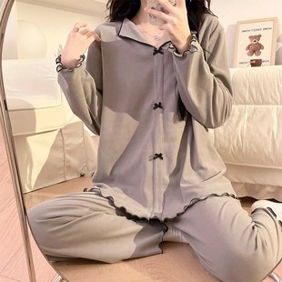 春秋保暖德绒2024新款 纯欲风灰色长袖 睡衣女款 秋冬季 长裤 女士套装