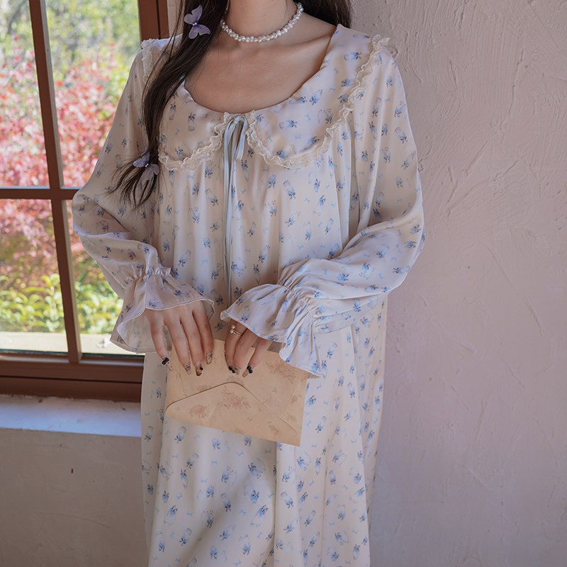 甜蜜软糯蓝白小猫可爱甜美少女长袖春季睡裙冰丝碎花高级感居家服