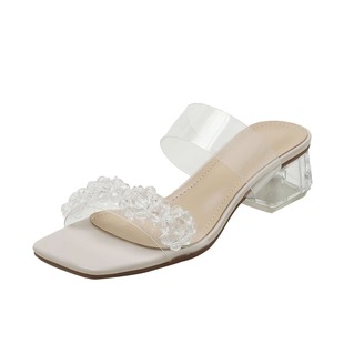 水晶透明凉鞋女粗跟2023新款夏季中跟一字带拖鞋外穿仙女风高跟鞋