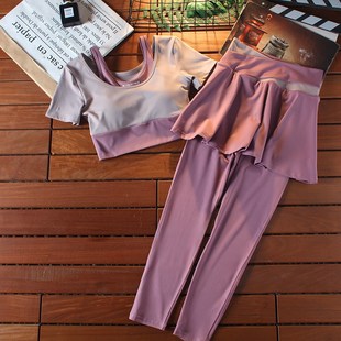 女速干显瘦透气健身房跑步撞色高腰运动裙裤 带胸垫短袖 瑜伽服套装