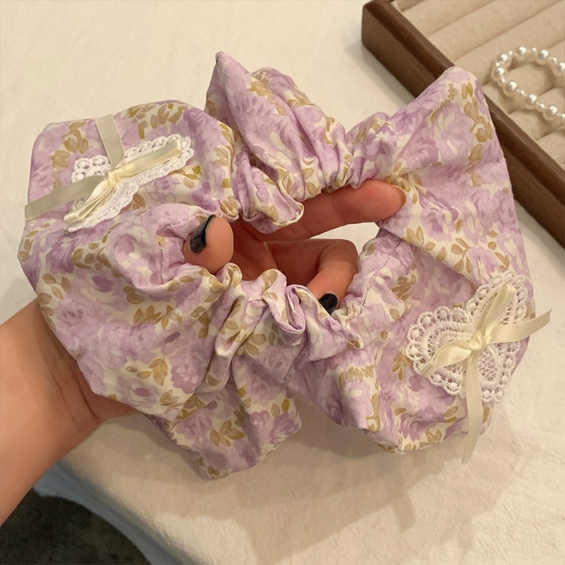 现货紫色碎花蝴蝶结蕾丝方巾大肠发圈女韩系高级感超大Z号头绳发