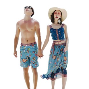 平角小胸遮肚显瘦度假沙滩游泳衣女 分体三件套裙式 情侣泳装 新款