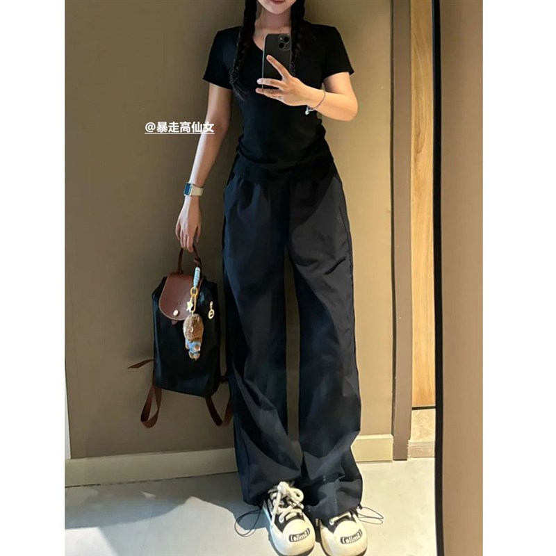 175高个子速干美式运动裤女薄款2024夏季加长直筒阔腿工装裤子