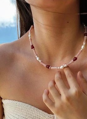 粉澳宝红玛瑙水滴串珠项链女欧美轻奢小众设计高级感度假风锁骨链
