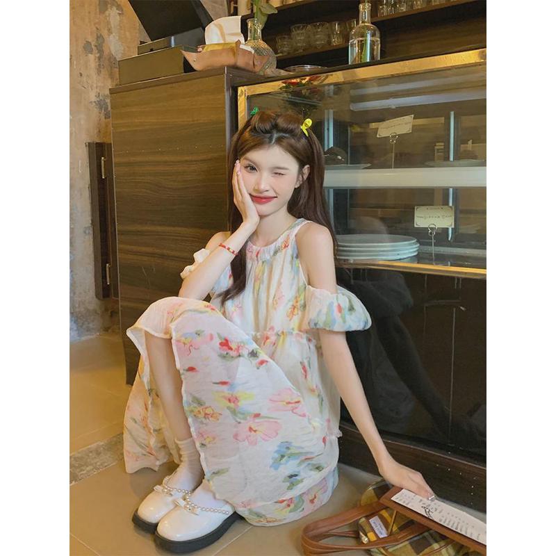 夏日小清新肌理感碎花挂脖连衣裙女小个子法式甜美温柔风仙女短裙