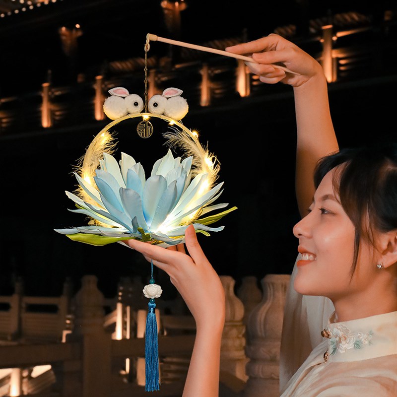 0WYV2023新款古风中式灯笼儿z童diy手工制作材料包手提小兔子宫灯