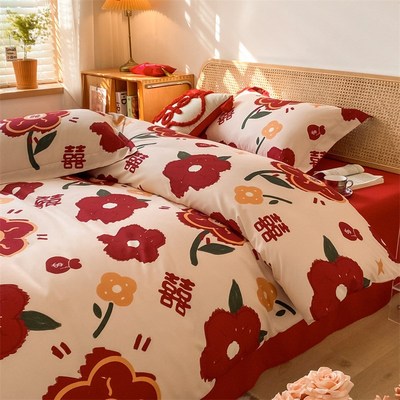 新婚水洗棉床上四件套结婚磨毛中式婚庆喜L被套陪嫁大红色床单床