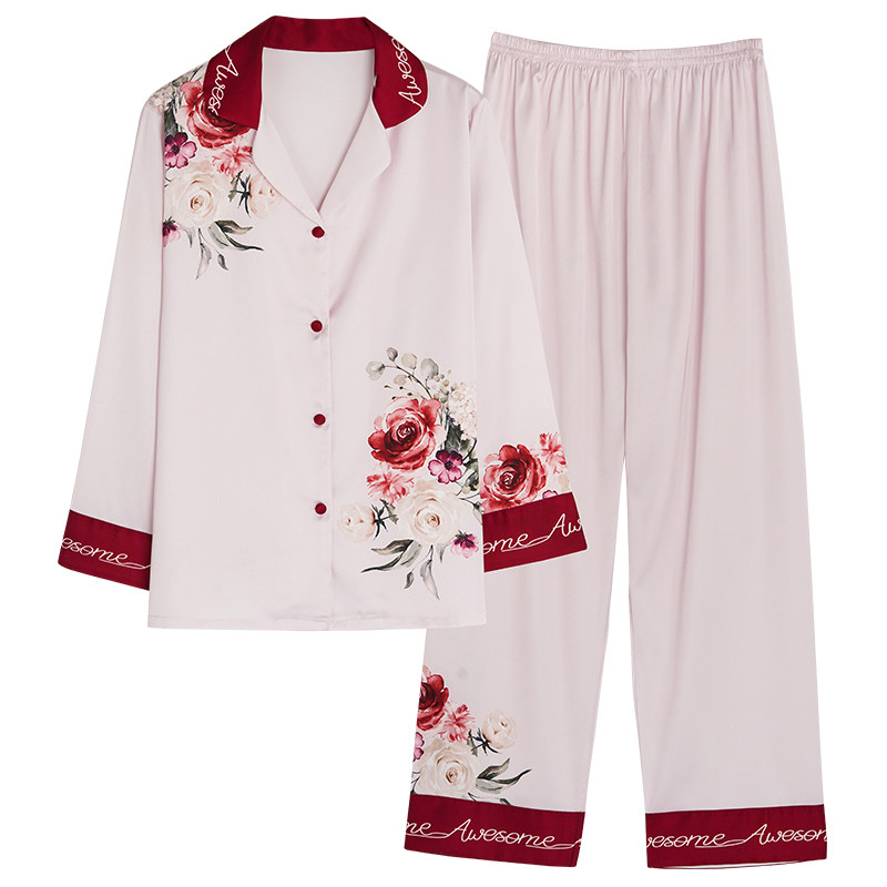 冰丝睡衣女士春秋季长袖薄款开衫丝绸夏天加大码两件套家居服套装