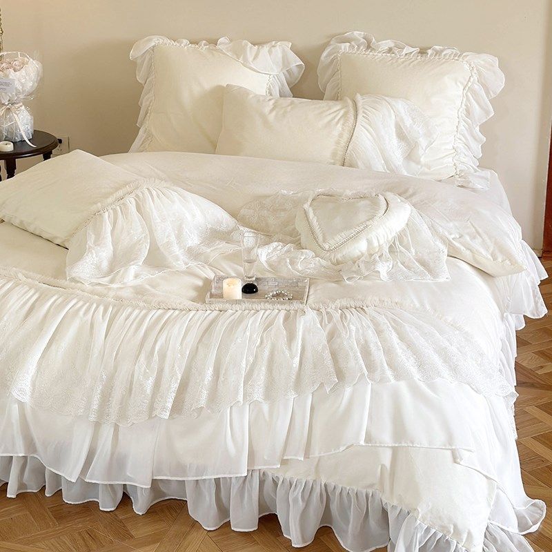 法式加厚秋冬全棉磨毛四件套公主风蕾丝花边白U色床单床上用品,床上用品,床品套件/四件套/多件套,淘宝优惠券,粉丝福利购,淘宝优惠卷