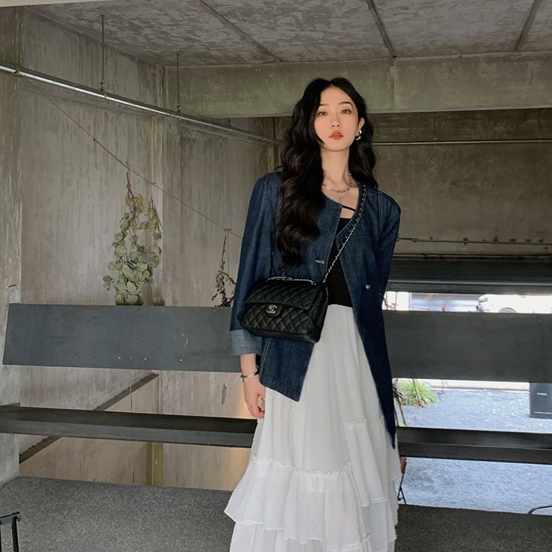 现货任小艺深蓝色休闲牛仔衬衫外套女设计小众宽松百搭长袖上衣