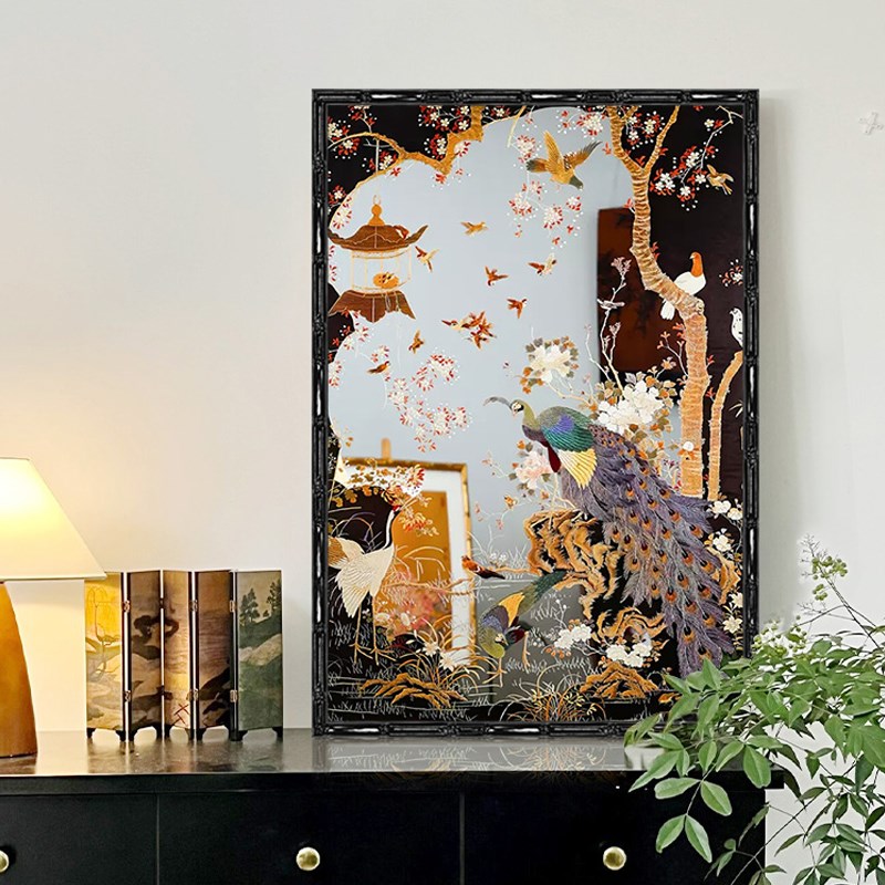 孔雀神鸟中古镜子中式画国风艺术品送礼画装饰画书房客厅玄关挂画图片