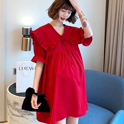 孕妇连衣裙夏季结婚礼服敬酒服宽松遮肚雪纺裙小个子夏装红色裙子