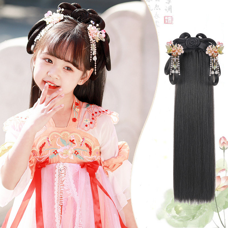 新品儿童古风汉服假发包古装一体式发箍女L童演出头饰长直发片发