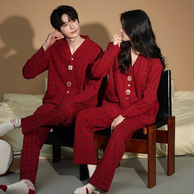 春秋季情侣睡衣长袖结婚新婚喜庆本命年男家居服套装女带胸垫