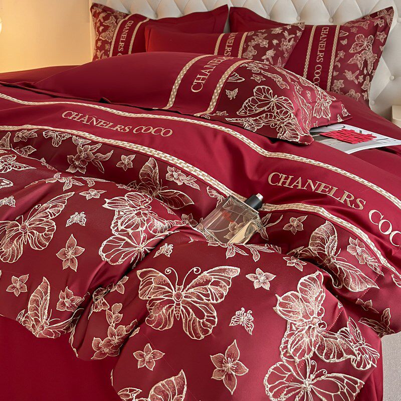 新中式结婚四件套酒红色被套被罩全棉床单陪嫁婚庆床品床笠款,床上用品,婚庆床品套件,淘宝优惠券,粉丝福利购,淘宝优惠卷