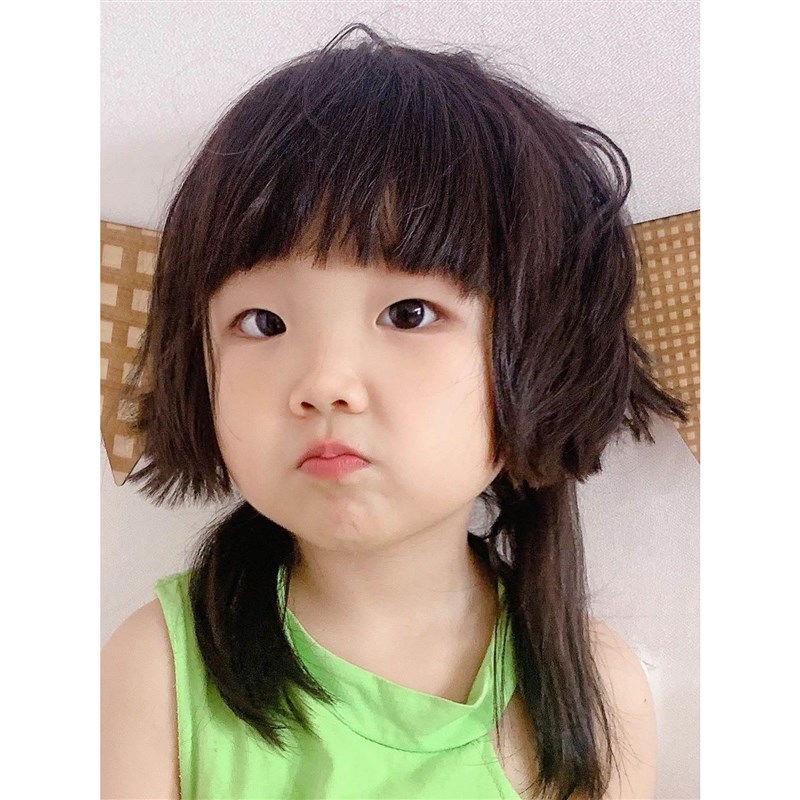 水母头儿童假发婴儿女公主切女宝可爱齐刘海甜美长直发整顶长发套