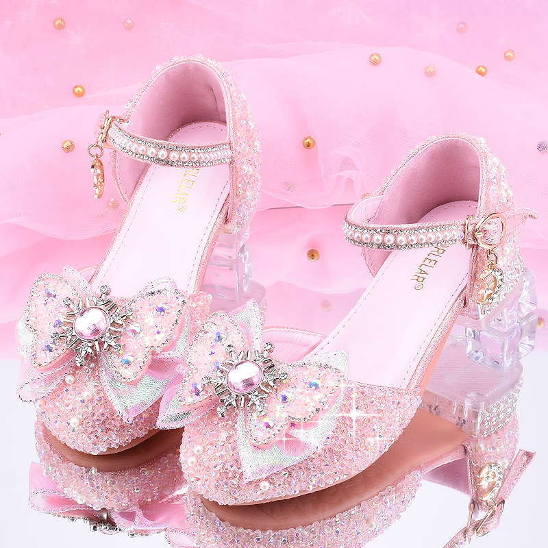 新款儿童高跟鞋水晶鞋钢琴表演出鞋女童皮鞋公主鞋礼服鞋包头单鞋
