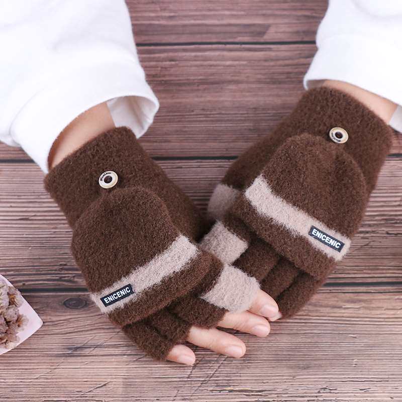 手套男女冬季保暖韩版加厚加绒冬天毛线秋冬半Q指露指翻盖学生骑