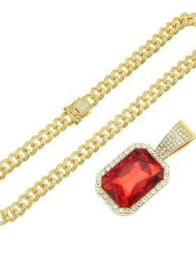 欧美嘻哈说唱男士红宝石吊坠挂件饰品 潮人炫酷装W饰古巴链项链