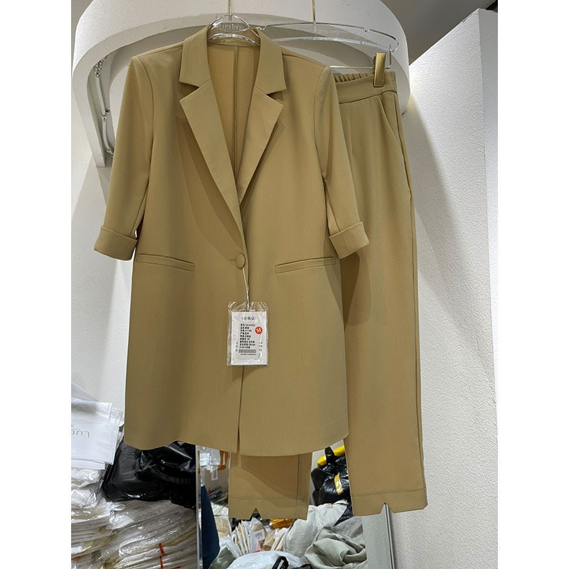 大码胖妹妹m职业西装套装女2024夏季显瘦休闲宽松西服两件套200斤