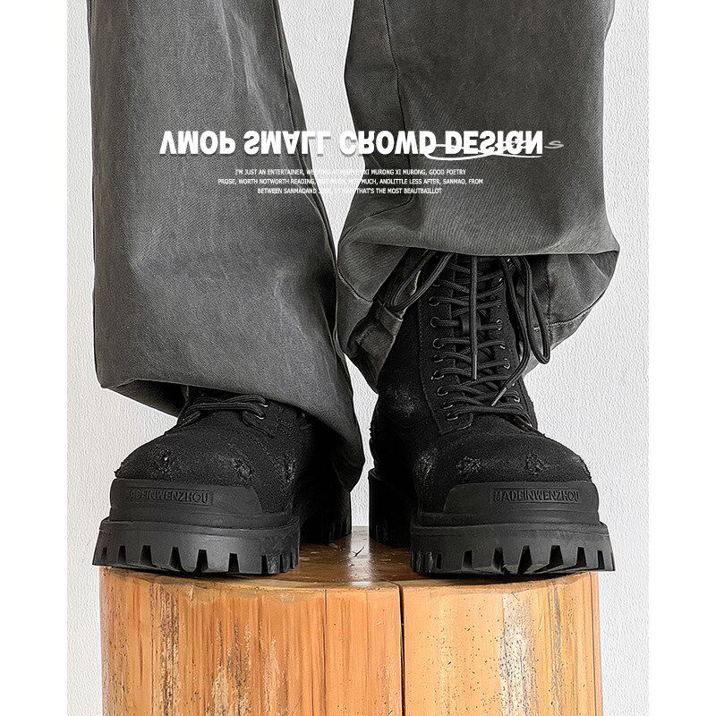 牛仔废土风马丁靴男士高帮休闲沙漠帆布机车靴厚底工装靴子潮
