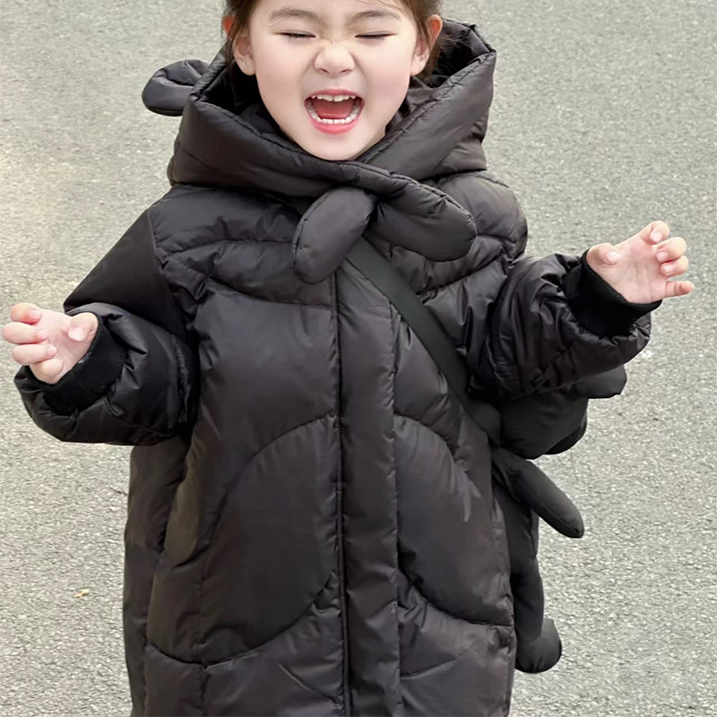 羽绒服女童2023新款冬季洋派女宝宝过膝中长版保暖儿童连帽外套