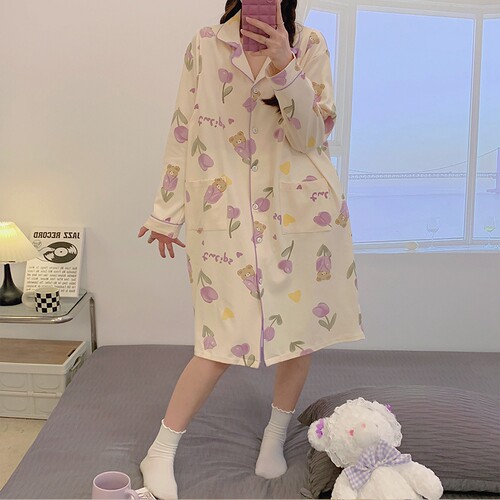 哺乳睡裙夏季前开扣宽松大码夏天薄款长袖产妇翻领V孕妇中长月子