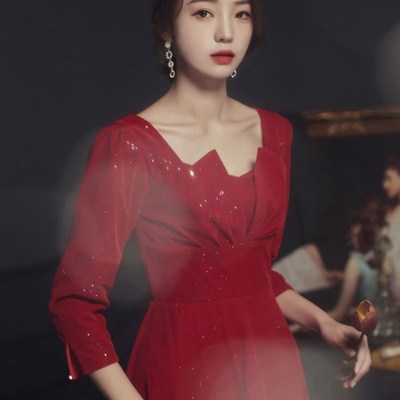 连衣裙子新娘秋冬季回门订婚宴礼服女红色长袖修身平时可穿小个子