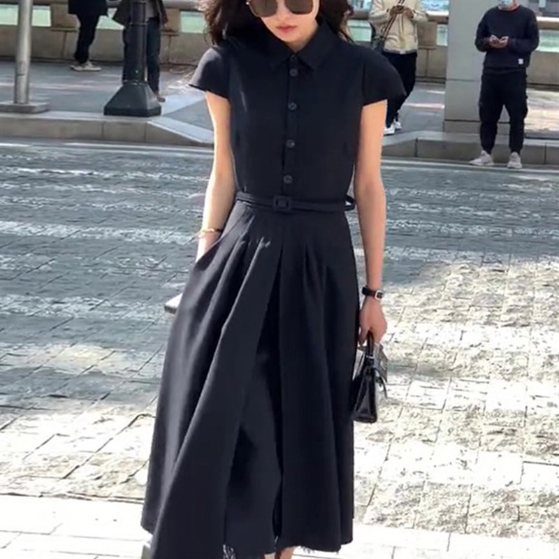 欧洲站夏季新款法式赫本风轻奢高级感洋气时尚收腰显瘦黑色连衣裙