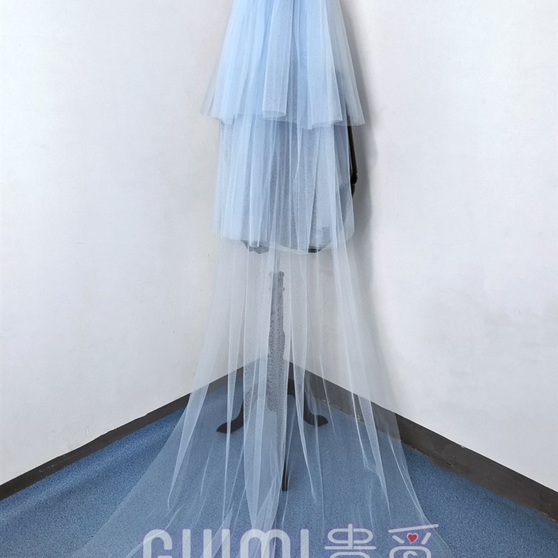 小众高货浅蓝色婚纱头纱拖尾蓬蓬3层长款新娘头饰简约婚礼写真拍