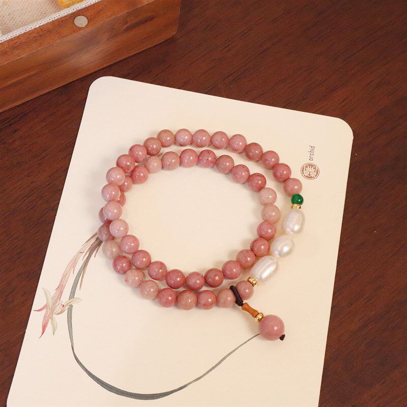 天然红纹石手链女多层珍珠手串天然石简约轻奢高级感编织手饰