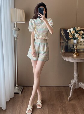 新中式复古碎花套装女夏季短款荷叶边短袖上衣高腰阔腿裤两件套潮