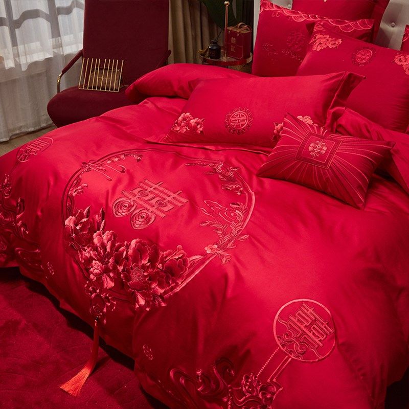 高档红色绣花全棉四件套结婚纯棉喜庆G被套床单款陪嫁婚庆主卧床,床上用品,婚庆床品套件,淘宝优惠券,粉丝福利购,淘宝优惠卷