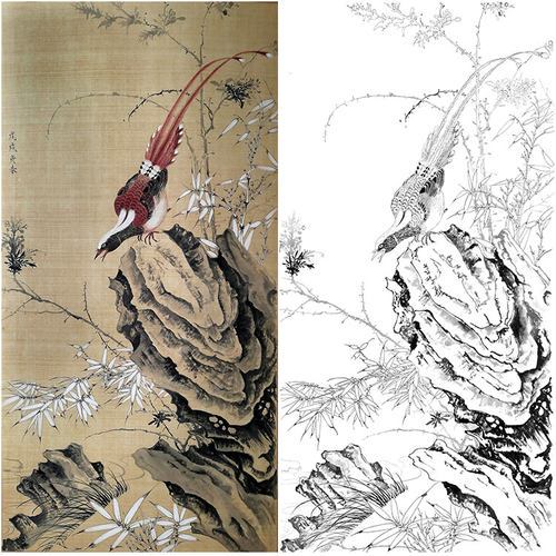 工笔画白描底稿锦鸡楚彦春复古风花鸟勾线实物打印稿尺寸可选CY03