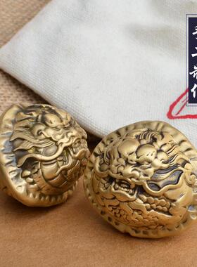 手把件核桃文玩摆件工艺黄铜玩盘双龙把玩品古玩精品收藏异性龙头